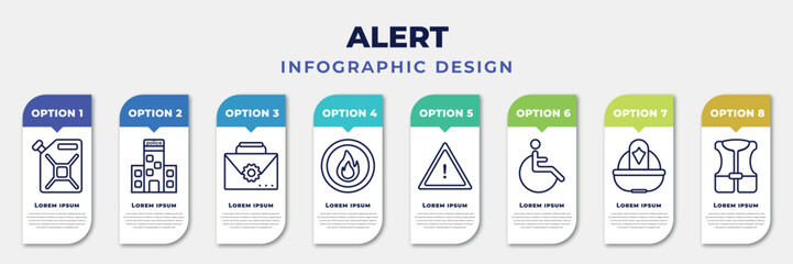 infographic template with icons and 8 options or steps. infographic for alert concept. included jerrycan, police station, kit, fire button, caution, handicap, firefighter helmet, life vest editable