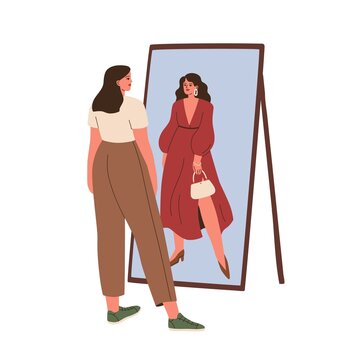 Woman looking at mirror reflection with different outfit. Makeover, changing image concept. Girl taking on dress in digital fitting room. Flat graphic vector illustration isolated on white background