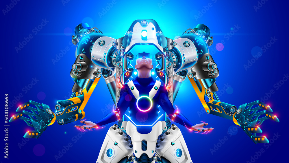 Poster sci-fi robotic exoskeleton armor with human operator inside. big fiction mecha robot repeating the m