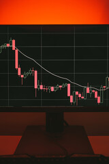 Technical price graph and indicator, red and green candlestick chart on red background. Concept of...