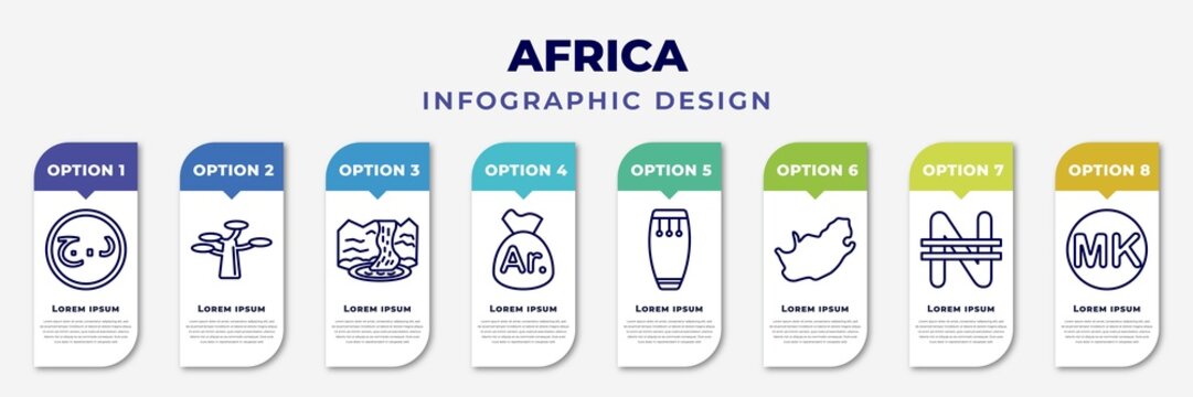 infographic template with icons and 8 options or steps. infographic for africa concept. included aerian dinar, marula, waterfall, malagasy ariary, conga, south africa, nigerian naira, malawian
