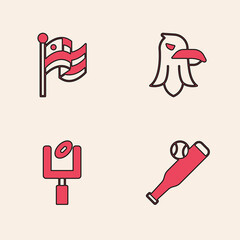 Set Baseball bat with ball, American flag, Eagle and football goal post icon. Vector