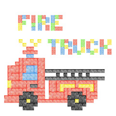 Watercolor illustration of toy red fire truck made from plastic building bricks pieces on white background.