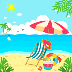 Fototapeta na wymiar Summer chair, umbrella,bag,rubber ring,ball and hat on the beach