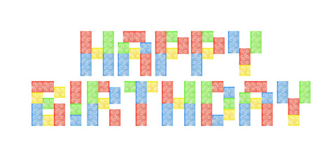 Watercolor illustration of happy birthday lettering made from plastic building bricks pieces on white background. blocks invitation background