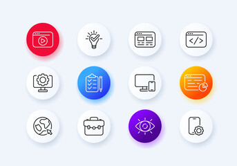 Online set icon. Web site, forward and backward arrows, setting, gear, clipboard, eye, briefcase, planet. Button concept. Neomorphism style. Vector line icon for Business and Advertising