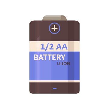 Li-ion battery of 1 2 AA type, cylinder shape. Large rechargeable dry cylindrical lithium power energy item of double A for electric devices. Flat vector illustration isolated on white background