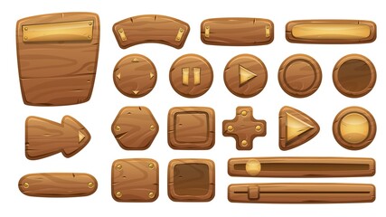 Wooden interface panel. 2D game cartoon wood buttons and menu UI elements, empty signboard and banner. Vector game asset isolated collection © Tartila