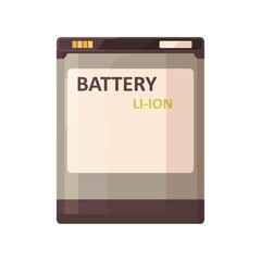 Li-ion battery pack of rectangle shape. Rechargeable power item for electronic devices, cameras. Energy resource from lithium. Flat vector illustration isolated on white background