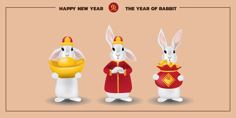 Happy New Year, 2023 , Chinese traditional zodiac . the year of little 3 cute rabbit. hold inlot golden bag, felicitous element. the elements can be separated. vector illustration