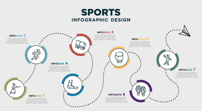 Infographic Template Design With Sports Icons. Timeline Concept With 7 Options Or Steps. Included Kendo, Trail Running, Boxing Glove, Sprained Ankle, Boxing Gloves, Shin Guards, Dodgeball. Can Be