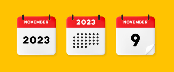 Calendar set icon. Calendar on a yellow background with nine november, 2022, 9 number text. Reminder. Date menegement concept. Vector line icon for Business and Advertising