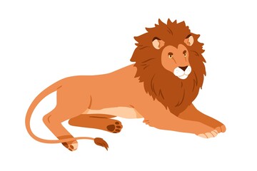Jungle lion lying. Wild African feline animal relaxing. Male leo resting. Character with shaggy hairy head. Wildcat king. Flat vector illustration isolated on white background