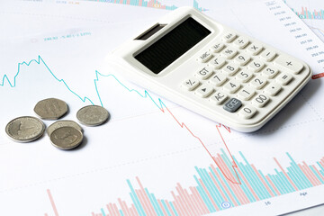 Naklejka na ściany i meble Calculator and coins on business chart, macro