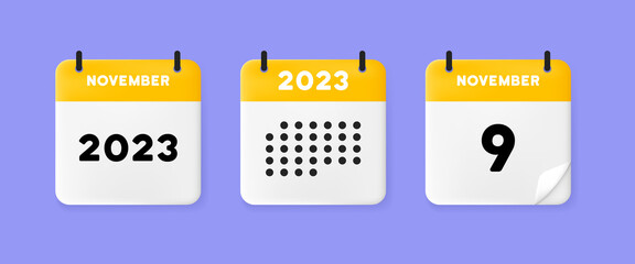 Calendar set icon. Calendar on a blue background with nine november, 2022, 9 number text. Reminder. Date menegement concept. Vector line icon for Business and Advertising