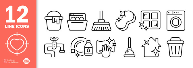 Housework set icon. Paint bucket, dishwasher, mop, broom, soap, powder, window, washing machine, detergent, garbage, cleanliness, etc. Vector line icon for Business and Advertising