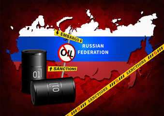 Political and economic illustration. Sanctions and oil embargo of the Russian Federation. 3d metallic black barrels and a prohibition sign. Background of red banknotes with a face value of 5000 rubles