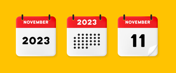 Calendar set icon. Calendar on a yellow background with eleven november, 2022, 11 number text. Reminder. Date menegement concept. Vector line icon for Business and Advertising