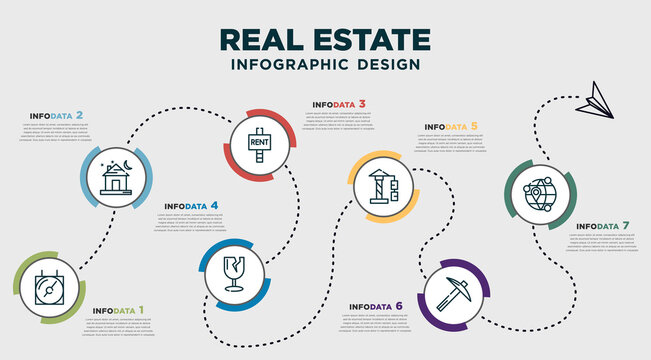 Infographic Template Design With Real Estate Icons. Timeline Concept With 7 Options Or Steps. Included Delivery Service Time, House At Night, Rental Board, Broken Glass, Architecture Crane Tool,