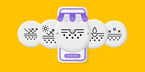 Skin hydration set icon. Skin care cream, sunscreen, pore cleaning, acne protection. Moisturizing the skin. UI phone app screens with people. Vector line icon for Business and Advertising