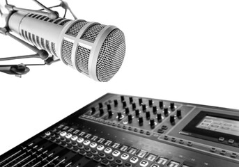 Fototapeta na wymiar Professional microphone and sound mixer in radio station studio