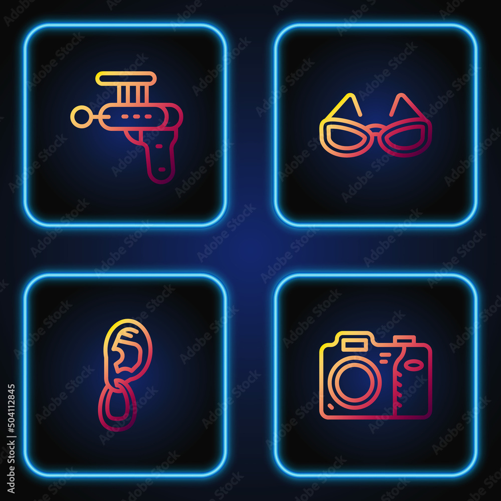 Canvas Prints Set line Photo camera, Ear with earring, Ray gun and Glasses. Gradient color icons. Vector