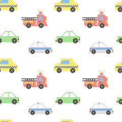 Watercolor seamless pattern with plastic building bricks cars. Vehicle background with red fire truck, yellow taxi, blue car