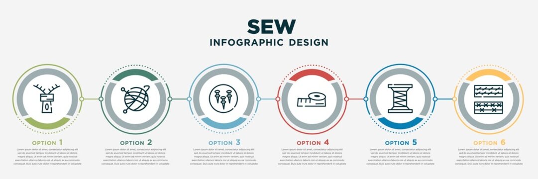infographic template design with sew icons. sew concept with 6 options or steps. included slide fastener, wool ball, of pins, measurement, threads, stitches. can be used web, info graph, flow chart.