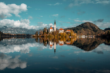 Naklejka premium Nature autumn Slovenia trees and Bled Lake