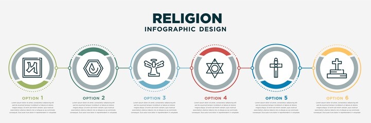 infographic template design with religion icons. religion concept with 6 options or steps. included nihilism, asceticism, god, judaism, catholicism, christian. can be used web, info graph, flow