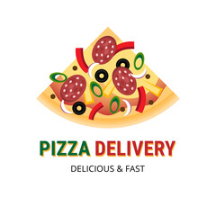 Pizzeria logo with pizza delivery. Slice of pizza with sausage. Vector stock illustration