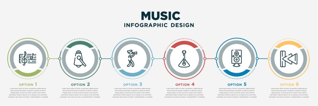 Infographic Template Design With Music Icons. Music Concept With 6 Options Or Steps. Included Pentagram, Cowbell, Pied Piper Of Hamelin, Russian, Vintage Loudspeaker, Previous Track Button. Can Be