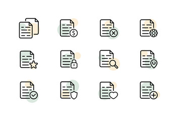 File set icon. File with dollar, setting, search, password, protection, pointer, heart, plus, etc. Data concept. Vector line icon for Business and Advertising