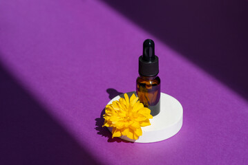 Amber glass dropper with black lid with serum or essential oil on a podium with yellow flower. Purple background with daylight and beautiful shadows. Beauty concept for face and body care