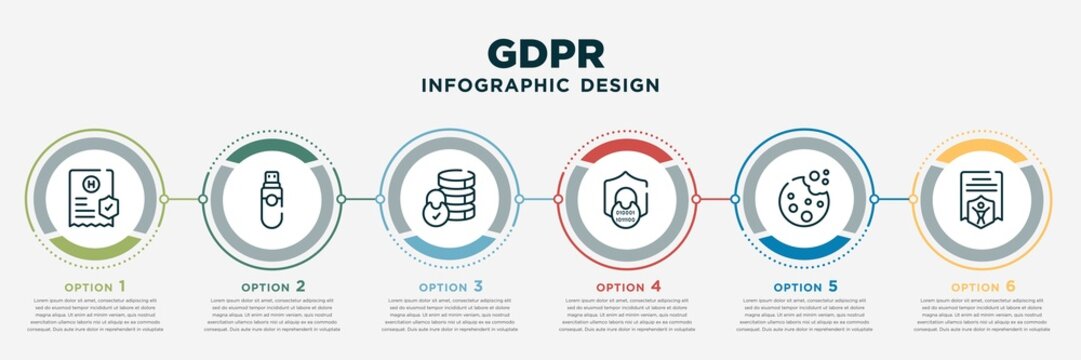 Infographic Template Design With Gdpr Icons. Gdpr Concept With 6 Options Or Steps. Included Medical Record, Pendrive, Data Storage, Encryption, Cookie, Child Consent. Can Be Used Web, Info Graph,