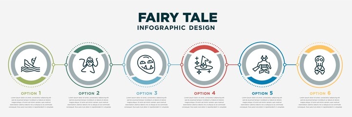 infographic template design with fairy tale icons. fairy tale concept with 6 options or steps. included shipwreck, kraken, troll, magician, giant, jolly roger. can be used web, info graph, flow