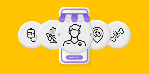 Hospital set icon. Dropper, fracture, bruise, bandage, doctor, medicine, bone, etc. Health care concept. UI phone app screens with people. Vector line icon for Business and Advertising