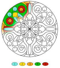 mandala for coloring by numbers, with floral ornaments in green and orange colors, coloring book pages