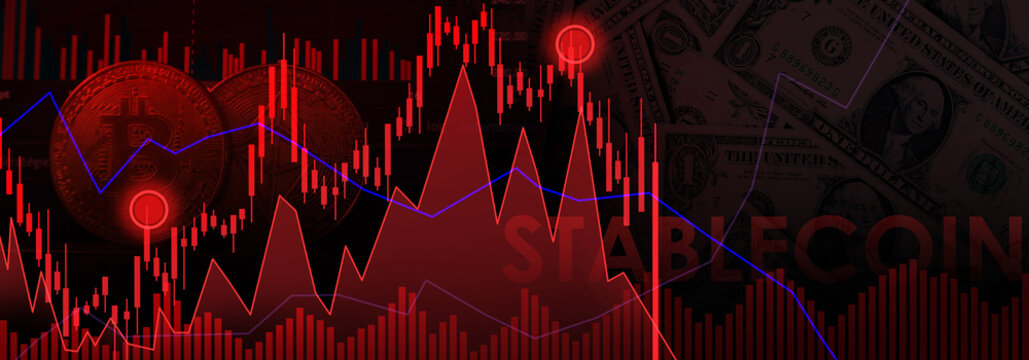 Abstract financial chart with downtrend line graph in stock market on red color and text stablecoin bitcoin ethereum  background.