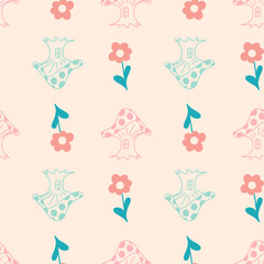 toadstool amanita and flower seamless pattern pink pastel for textile design and wrapping paper