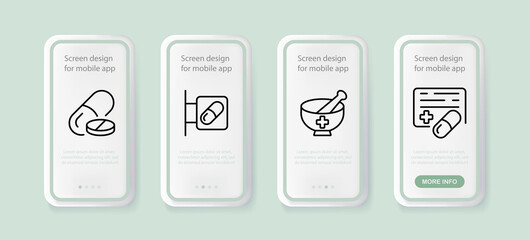 Medicine set icon. Pills, pharmacy, first aid kit, drugs, prescription, illness, hospital, doctor. Health care concept. UI phone app screens with people. Vector line icon for Business and Advertising