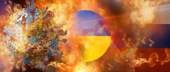 planet earth the world as Coronavirus Covid-19 and round symbolic colors of Ukraine and flag of Russia and flames 3d-illustration. elements of this image furnished by NASA - obrazy, fototapety, plakaty