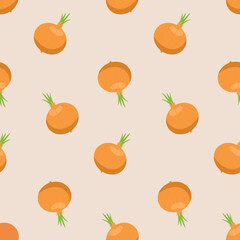 Onion vegetable root vegetable seamless pattern. Yellow bulb on a beige background for design