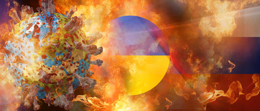 planet earth the world as Coronavirus Covid-19 and round symbolic colors of Ukraine and flag of Russia and flames 3d-illustration. elements of this image furnished by NASA