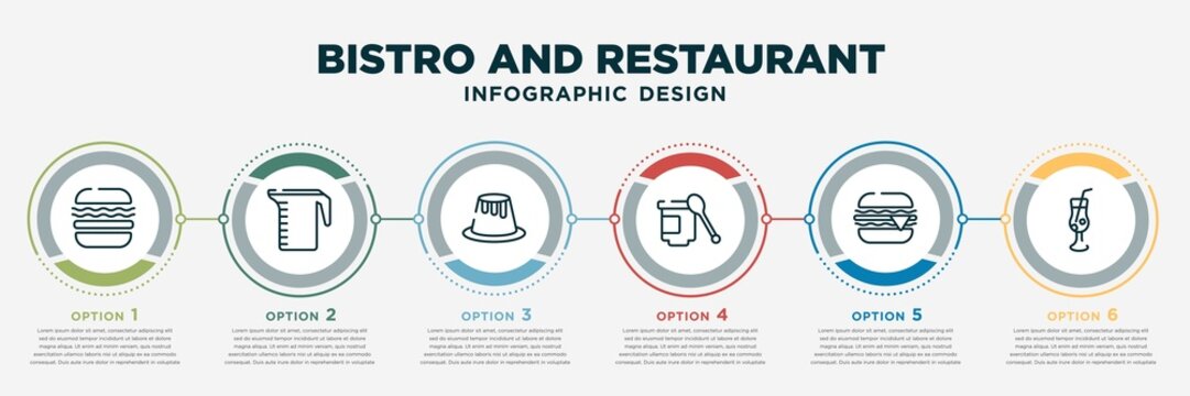 infographic template design with bistro and restaurant icons. bistro and restaurant concept with 6 options or steps. included complete hamburger, measurement jar, creme caramel, yogurt with spoon,