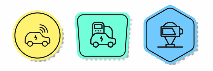 Set line Smart car system, Electric and Battery charge. Colored shapes. Vector
