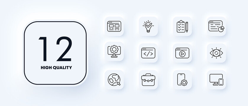 Business Set Icon. Career, Idea, Growth, Implementation, Portfolio, Website, Clipboard, Back And Forth Buttons, Video, Etc. Office Wirk Concept. Vector Line Icon For Business And Advertising