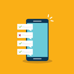 Check list document on smartphone, smartphone with paper check list and to do list with checkboxes, concept of survey, online quiz, completed things or done test, feedback.	