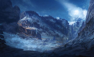 Fantastic Winter Epic Magical Landscape of Mountains. Celtic Medieval forest. Frozen nature. Glacier in the mountains. Mystic Night Valley. Artwork sketch. Gaming background. Book Cover and Poster. 