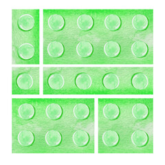 Watercolor illustration of 6 types of green plastic building bricks
